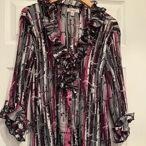 Dressbarn Ruffled Blouse with Black, Pink, and White Stripes